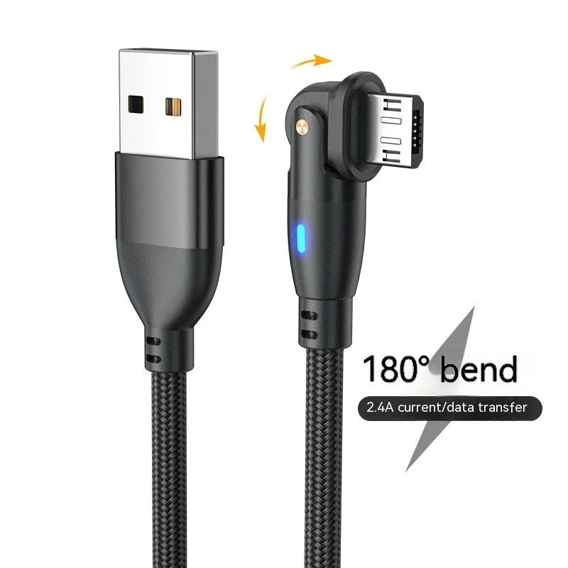 180-degree bendable fast charge data cable in black, red, and purple