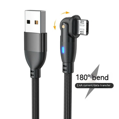 180-degree bendable fast charge data cable in black, red, and purple