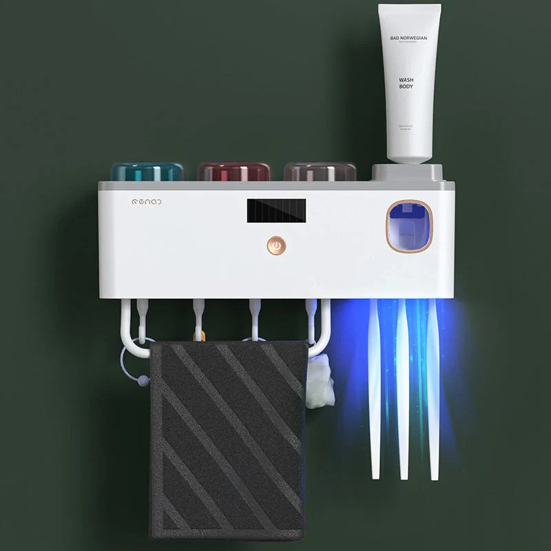 Multifunctional UV Germicidal Toothbrush Rack with magnetic cup and toothpaste squeezers