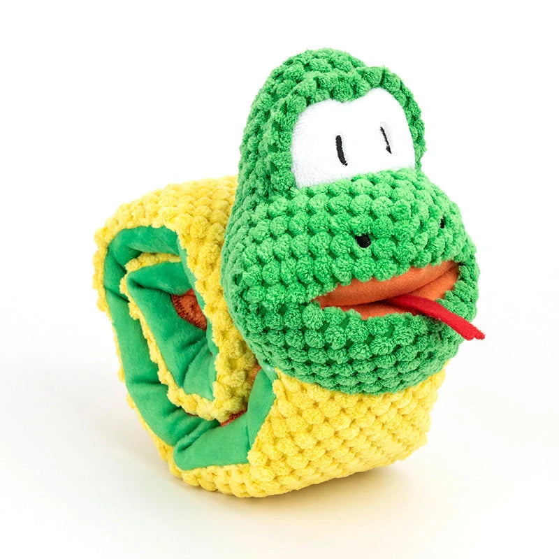 Snake-shaped polar fleece snuffle toy for dogs with foraging treats