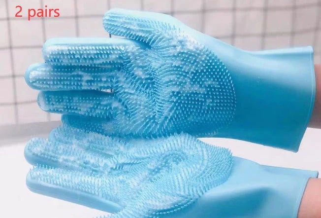 Silicone pet grooming glove in green and blue for small dogs and cats