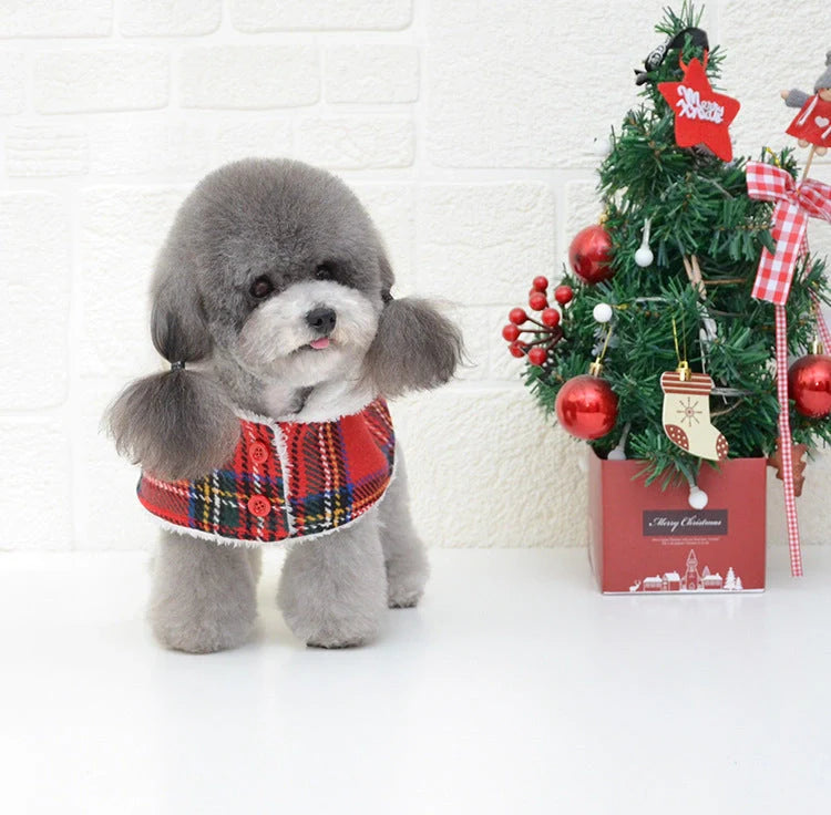 Christmas red check dog sweater with suede lining for winter warmth