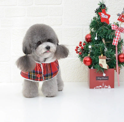 Christmas red check dog sweater with suede lining for winter warmth