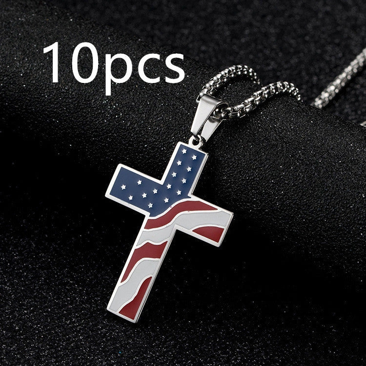 Stainless steel flag cross necklace for men, geometric design, polished finish.