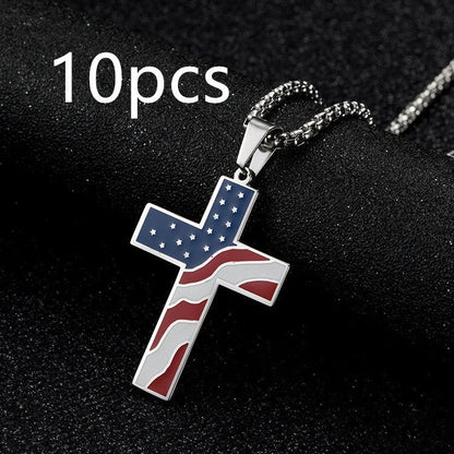 Stainless steel flag cross necklace for men, geometric design, polished finish.