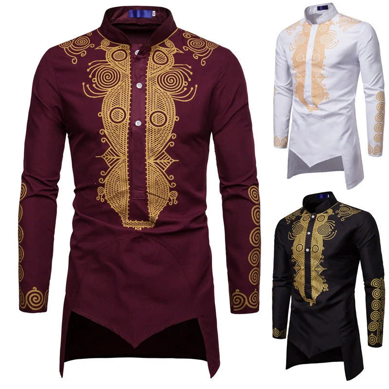 Men's African-inspired long sleeve hoodie in cotton blend available in white, black, and wine red