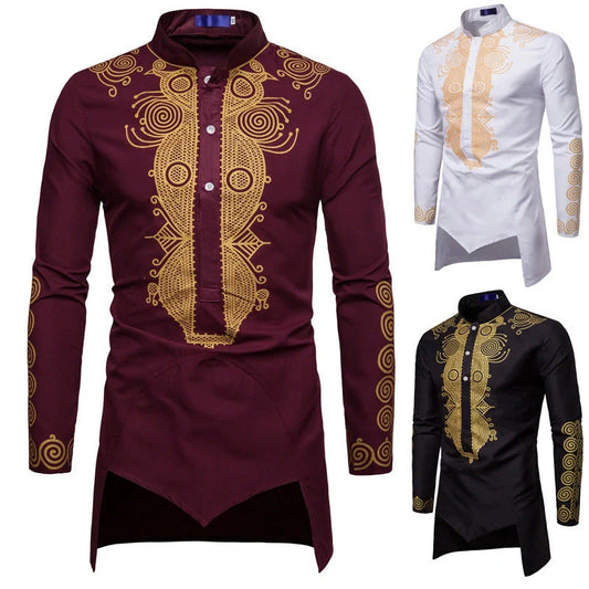 Men's African-inspired long sleeve hoodie in cotton blend available in white, black, and wine red