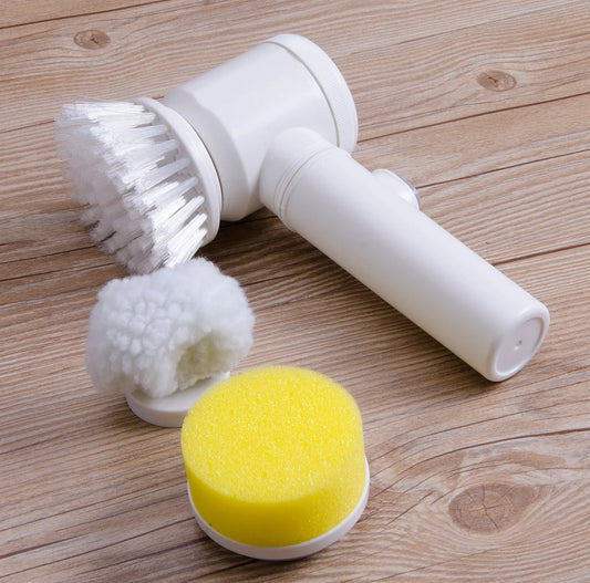 5-in-1 electric cleaning brush with white handle and three interchangeable heads