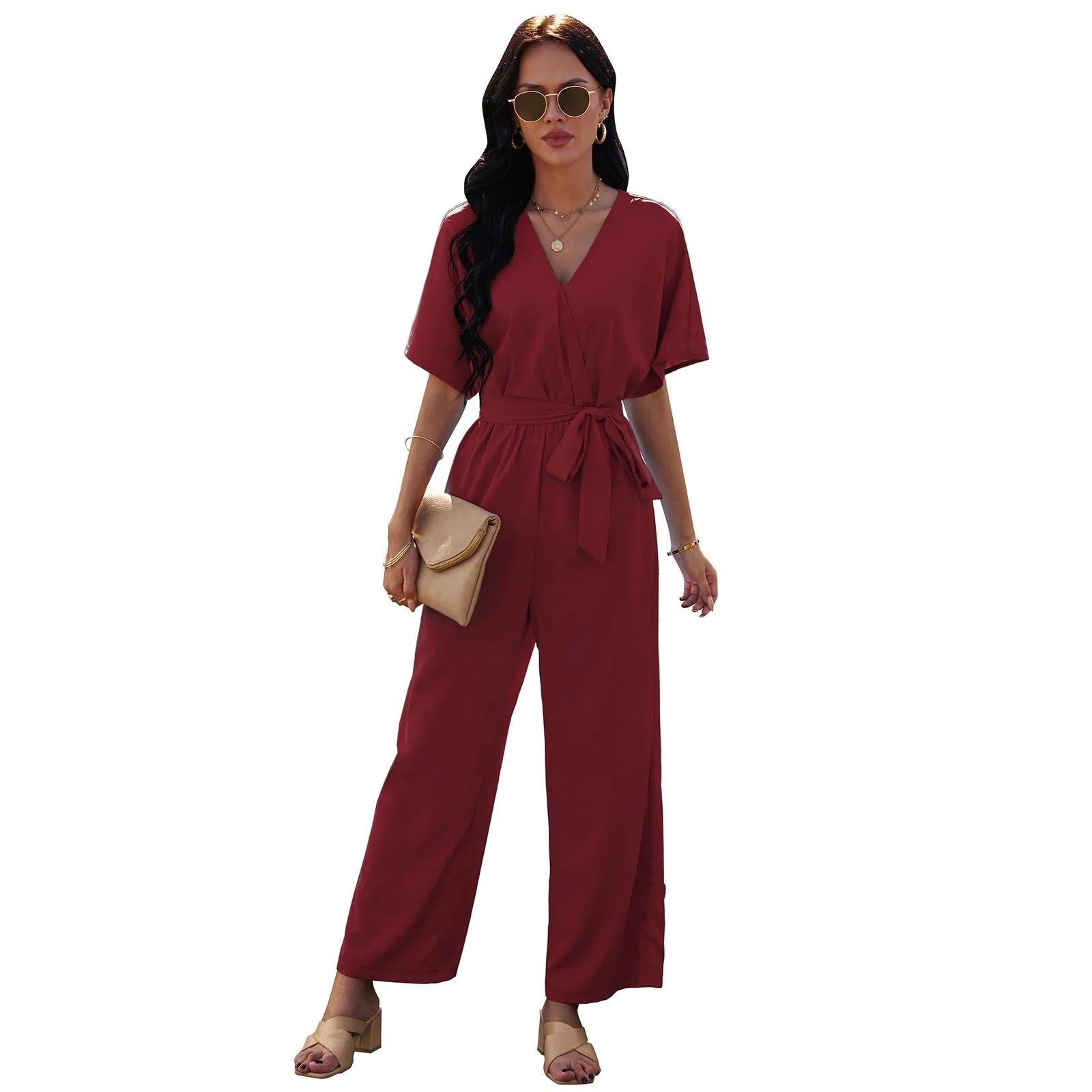 Women's V-neck tie waist jumpsuit in solid colours for summer wear