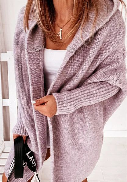 Women's bat sleeve hooded cardigan in sheep wool blend, available in multiple colours