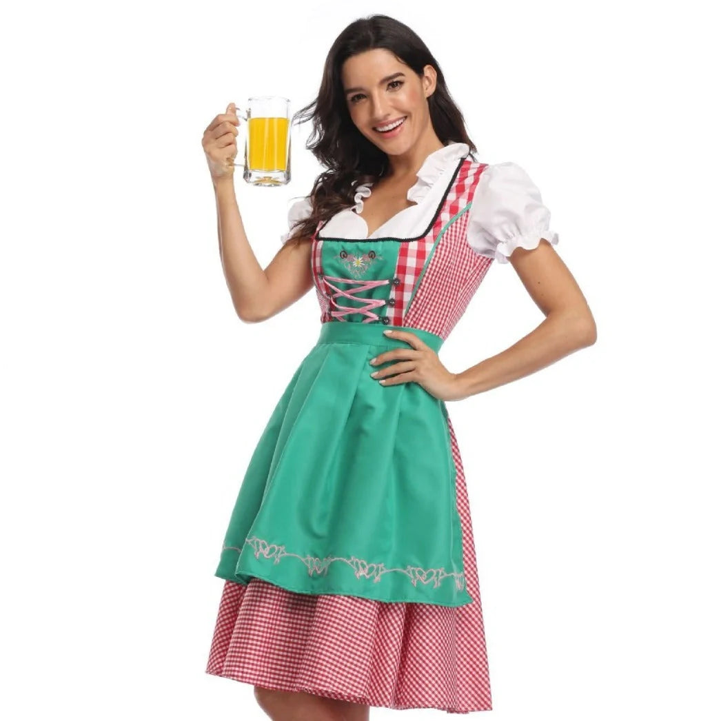 Traditional Oktoberfest ethnic dress for women in vibrant red denim with apron and ribbon