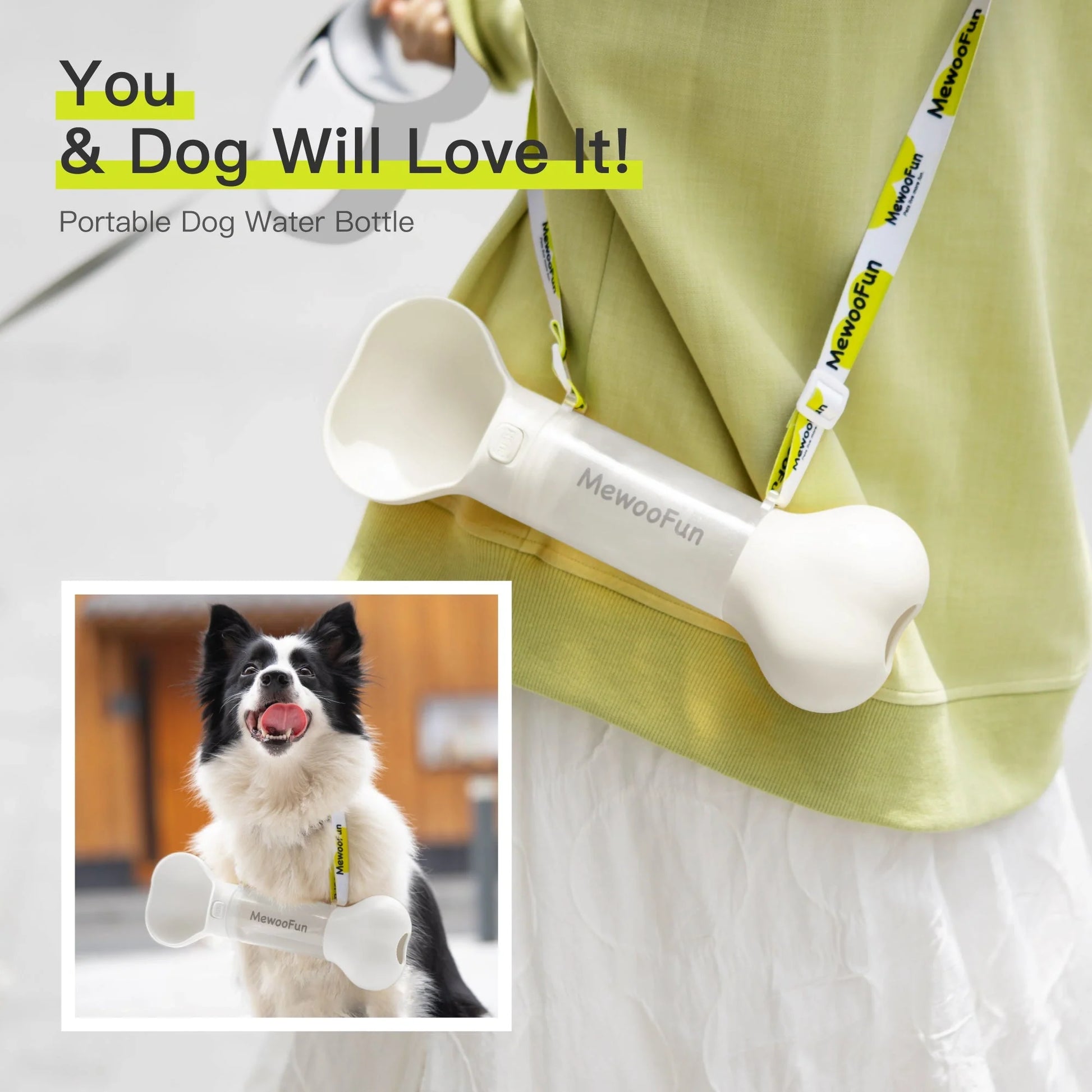 Mewoofun 2-in-1 leak-proof pet water bottle with adjustable strap and poop bag storage