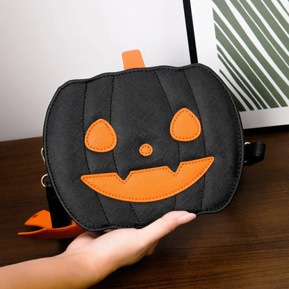 Stylish Halloween shoulder bag with pumpkin cartoon and bat design, available in various color options