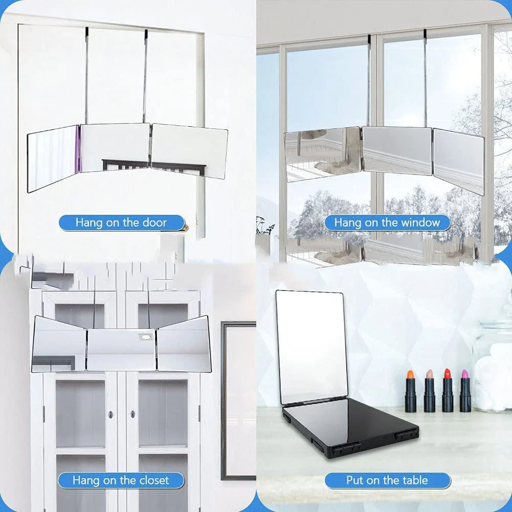 Telescopic Hanging Three-sided Folding Makeup Mirror with 360-degree view