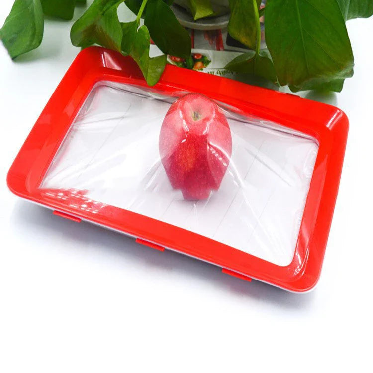 Premium food-preserving vacuum trays for fridge storage in black, green, red, and gold colours
