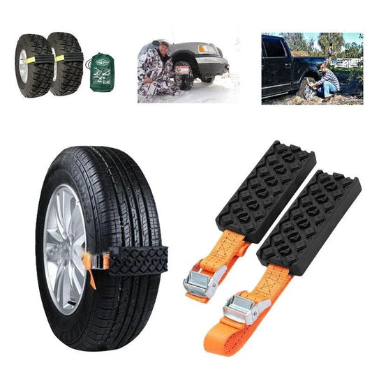 Durable anti-slip snow chains for car tires in black and orange, designed to provide superior traction and grip on icy, snowy, and muddy roads.