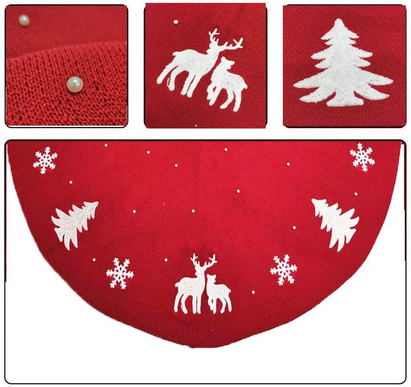 Handmade knitted Christmas tree skirt with 3D vivid patterns in burgundy