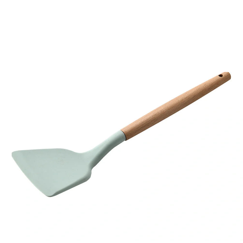 Silicone kitchenware set with wooden handles in various colors and styles, perfect for cooking, baking, and serving