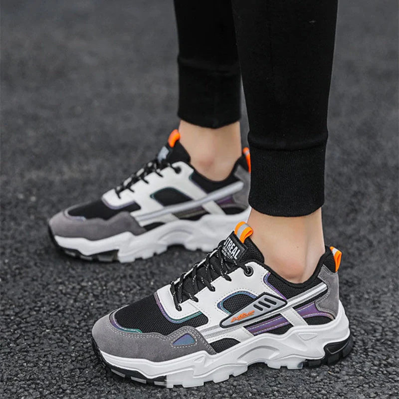 Men's black and white lace-up sneakers with breathable mesh for running