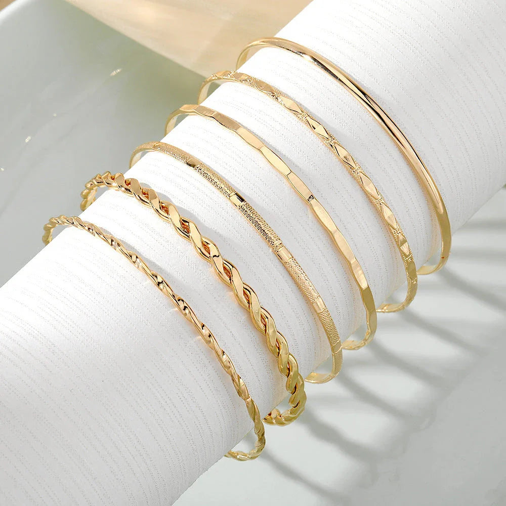 Bohemian Metal Chain Bracelet Set with Geometric Gold-tone Links for Women
