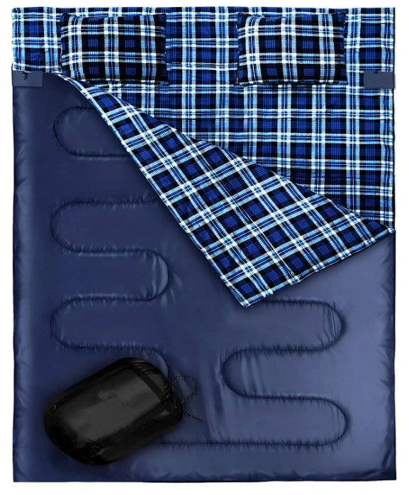 Outdoor camping flannel sleeping bag with pillow, available in black and red stripes or blue with blue ribbon