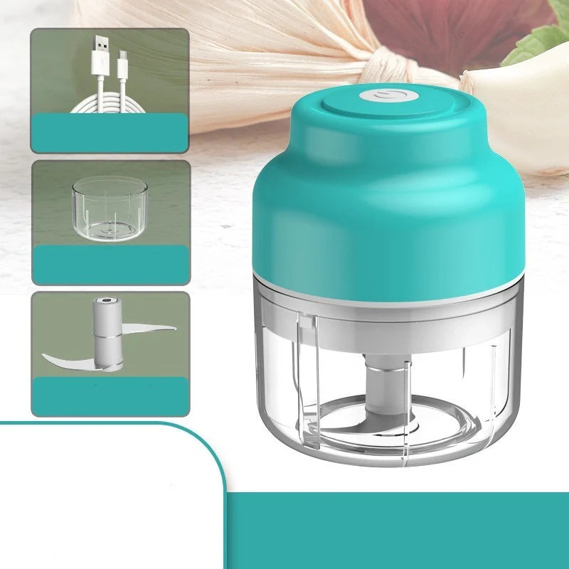 Baby Mini Cooking Machine Electric Garlic Masher in green, pink, and yellow