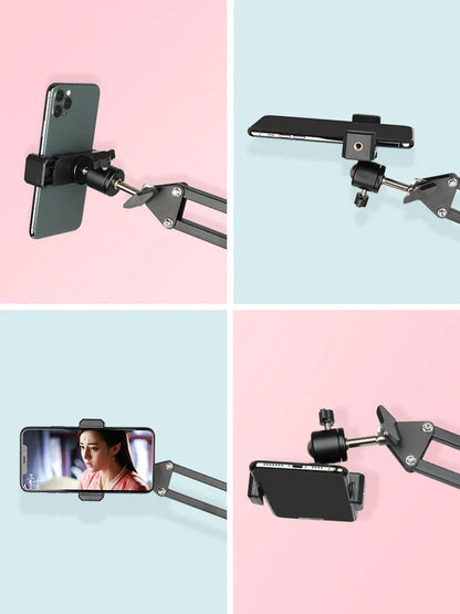 Versatile desktop phone and tablet holder with adjustable arm and 360-degree rotation for easy device positioning