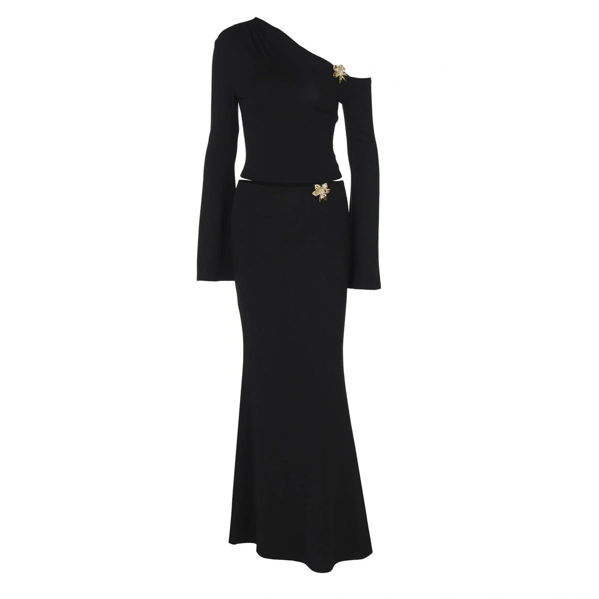 Women's black oblique shoulder skirt suit with floral bell sleeve top