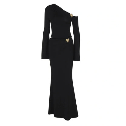 Women's black oblique shoulder skirt suit with floral bell sleeve top