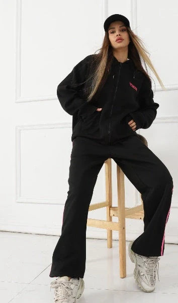 Women's Long Sleeved Hoodie Set in black and grey