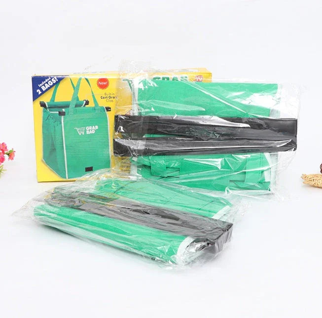 Reusable eco-friendly folding shopper bag in green colour, with generous front pocket and durable, mold-resistant construction