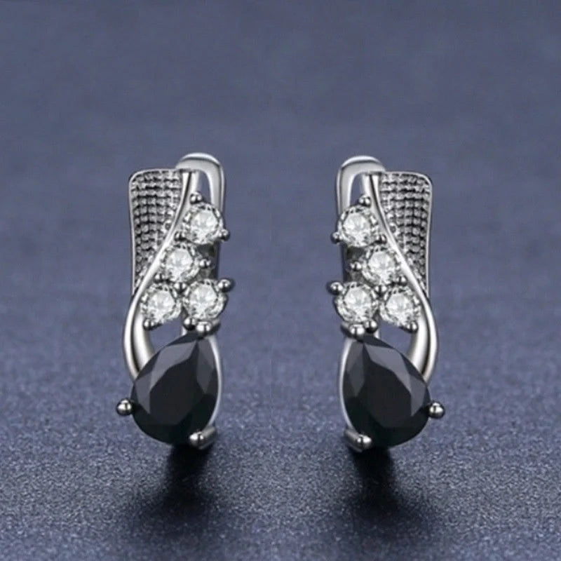 Korean style black drop-shaped earrings with micro rhinestone detailing