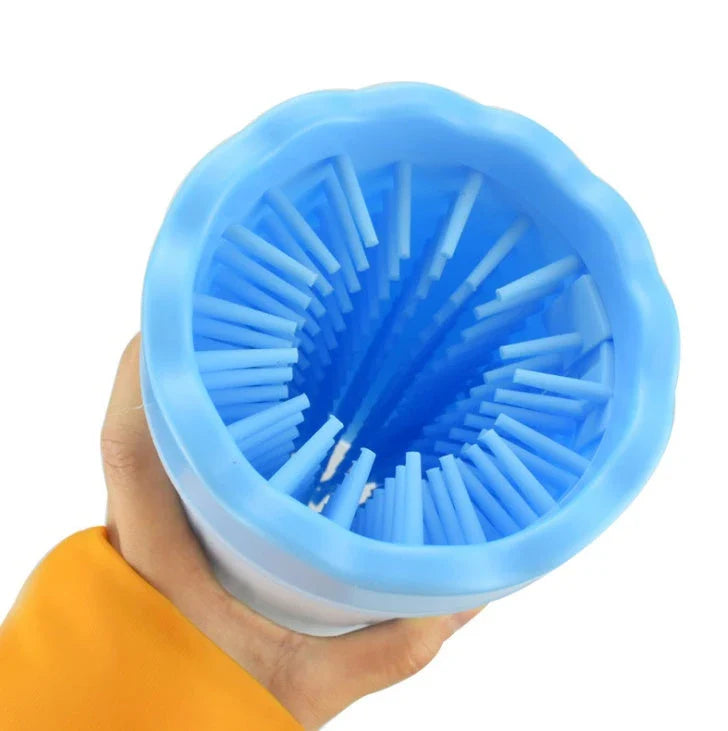 Silicone Dog Paw Washer Cup in various colors and sizes, featuring soft bristles for gentle cleaning.