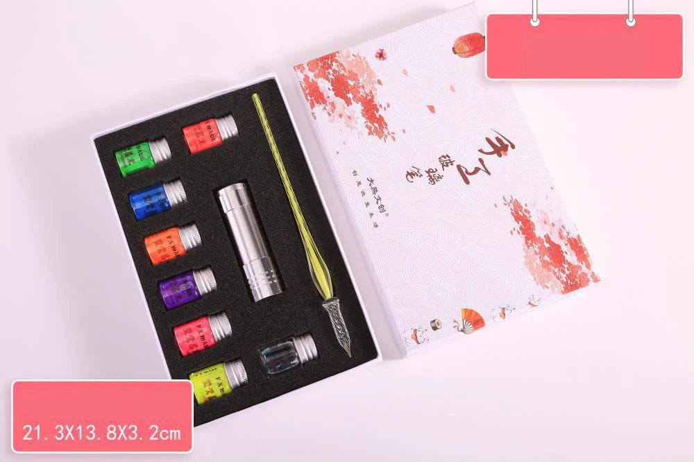 Fluorescent fountain pen dip ink set with eight glow-in-the-dark colours