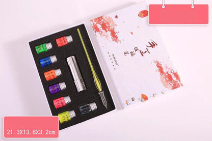 Fluorescent fountain pen dip ink set with eight glow-in-the-dark colours