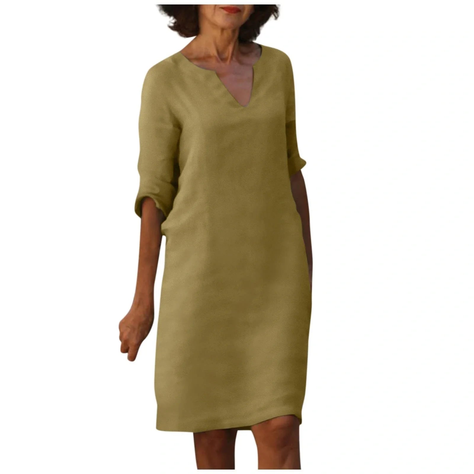 Retro high waist cotton-linen V-neck dress in various colours