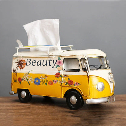 Handcrafted multicolour retro bus tissue box for home decoration