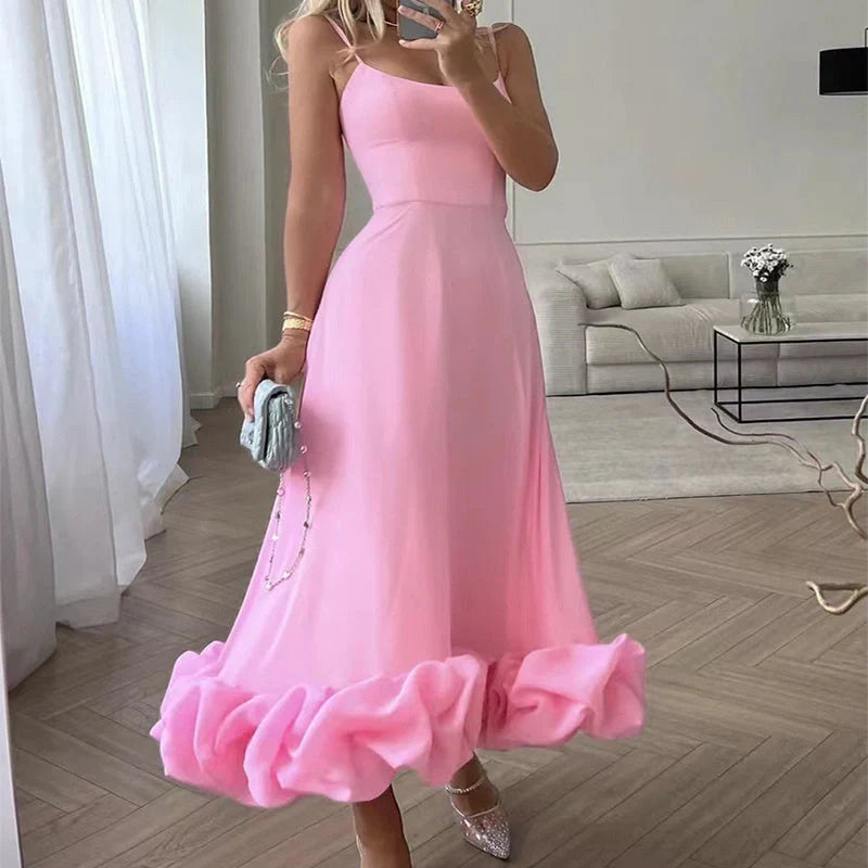 Fashionable chiffon dress with floral design, adjustable straps, and flowing A-line silhouette