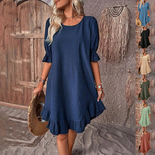 Stylish cotton linen ruffle dress for summer in various colors