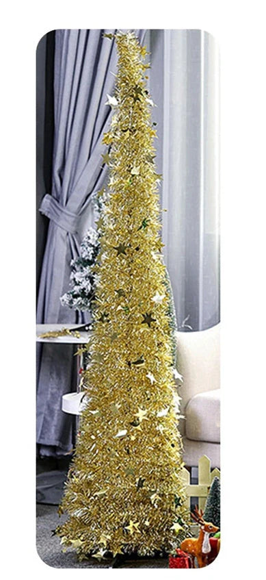 Collapsible artificial Christmas tree with stand and sequin decorations