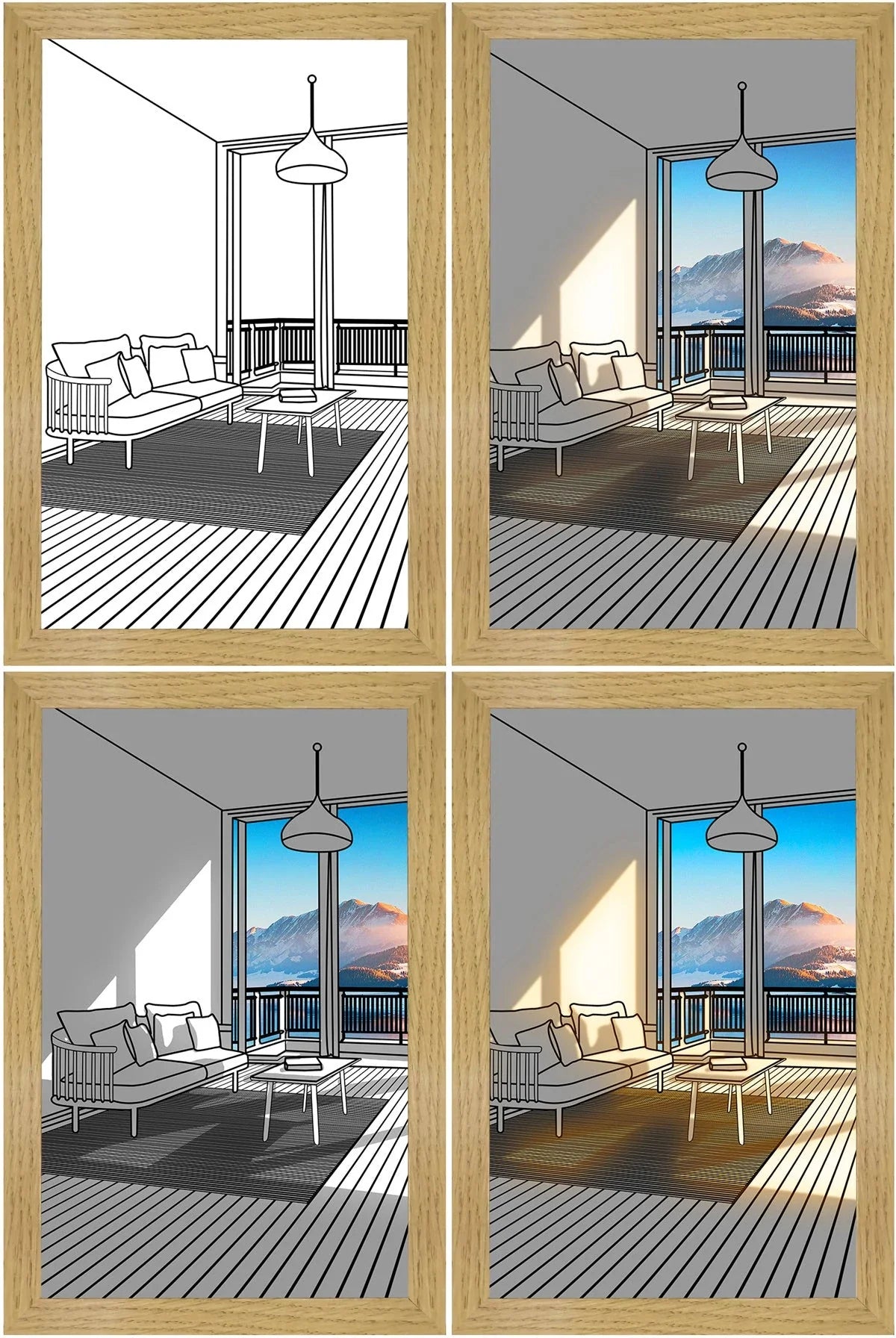 Illuminating LED picture light with customizable lighting modes, showcasing various nature scenes and cityscapes