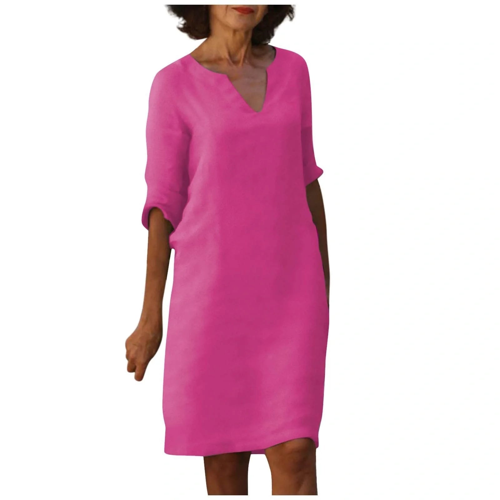 Retro high waist cotton-linen V-neck dress in various colours