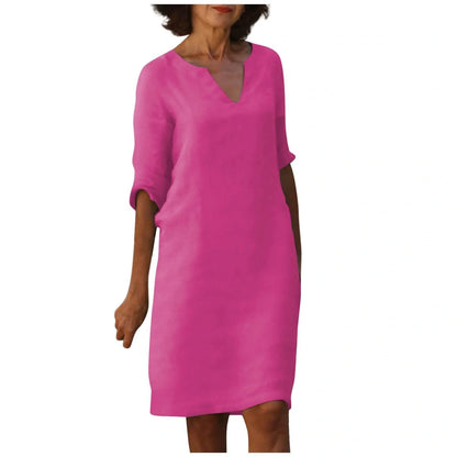 Retro high waist cotton-linen V-neck dress in various colours