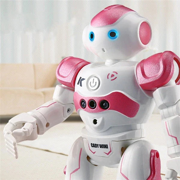 Remote-controlled dancing robot toy with gesture-sensing controls, preprogrammed songs and dances, and customizable programming capabilities
