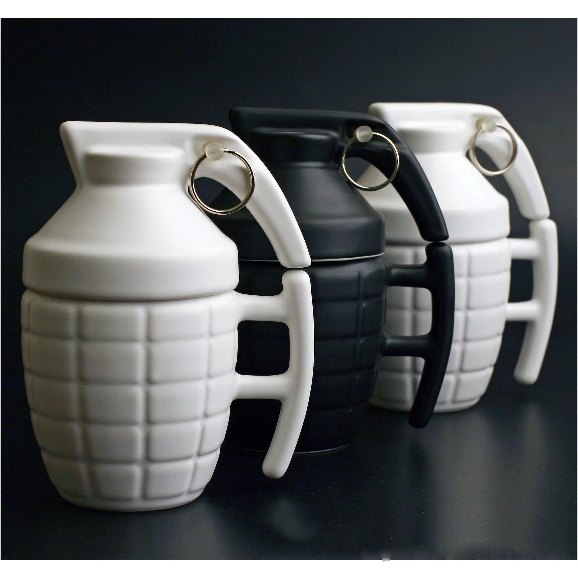 Grenade-shaped ceramic travel mug with secure lid, designed with a military-inspired style for use at home, work, or on the go