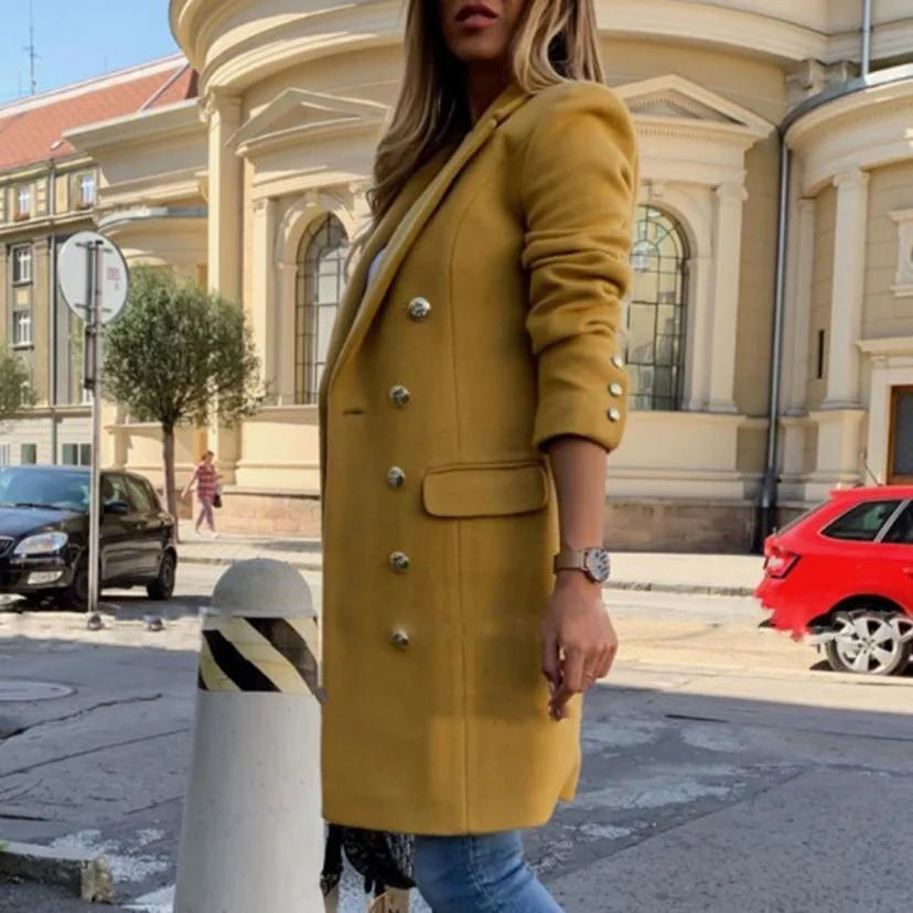 Elegant women's wool double-breasted mid-length coat for autumn and winter