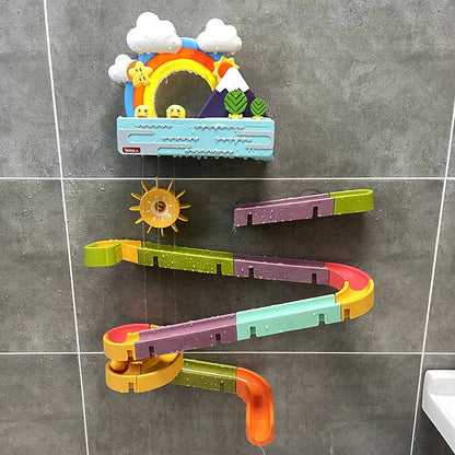 DIY baby bath toys set with marble race run track and automatic sprinkler
