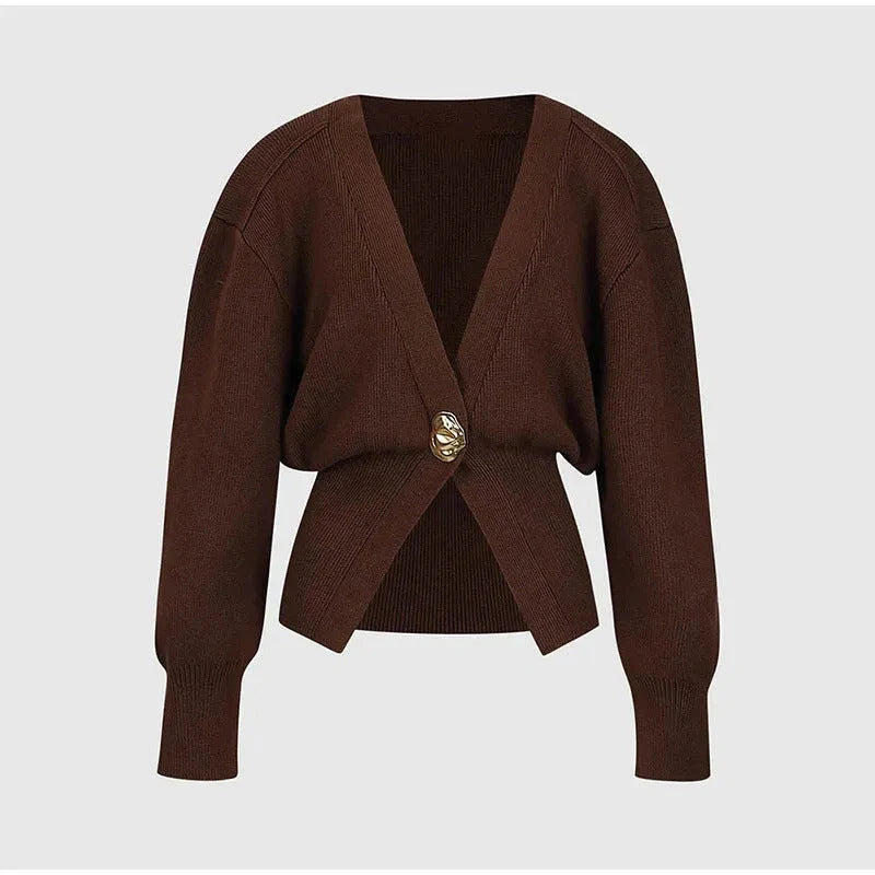 Women's V-neck Button Cardigan Knitted Sweater in brown and black