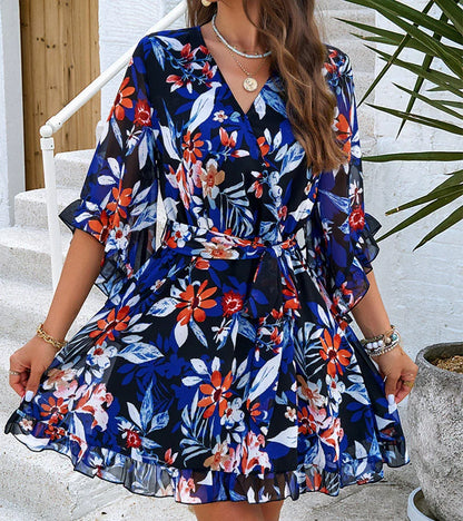 Summer floral print V-neck short sleeve dress with lace-up ruffles in various colours