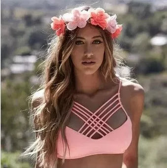 Pink bandage cut-out halter bikini swimsuit for women with stylish design